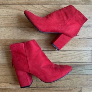 Red faux suede ankle boots